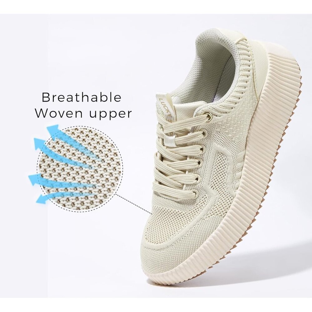 Lucky Step Women's Beige Platform Sneakers Rhinestone Fashion Chunky Shoes - Picture 3 of 9